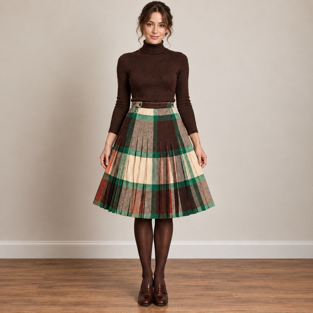 1950s Wool Plaid Pleated Skirt 24 Waist TALON Zip Dark Academia Tartan Vintage
